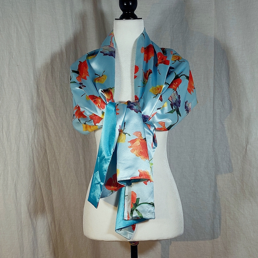 Flower Fairies pale blue satin floral print wrap, NWOT